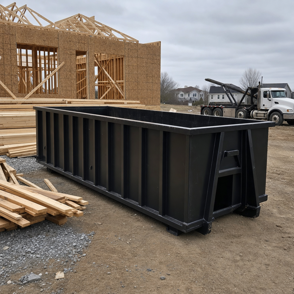 Matte-black 40-yard roll-off dumpster staged on a framed-out residential construction site in Apple Valley, framing lumber stacked nearby, hooklift delivery truck visible in the background under bright Colorado daylight