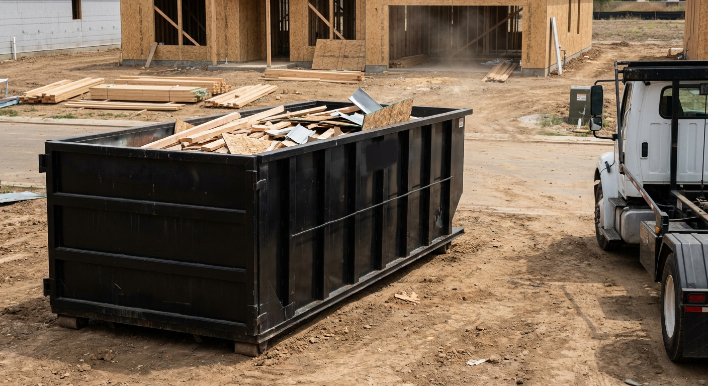 Matte-black 20-yard roll-off construction dumpster with heavy ribbed steel sidewalls and swing rear doors at a working jobsite in Apple Valley, sitting directly on compacted dirt with an unmarked white hauler partially visible at the far edge of the frame.