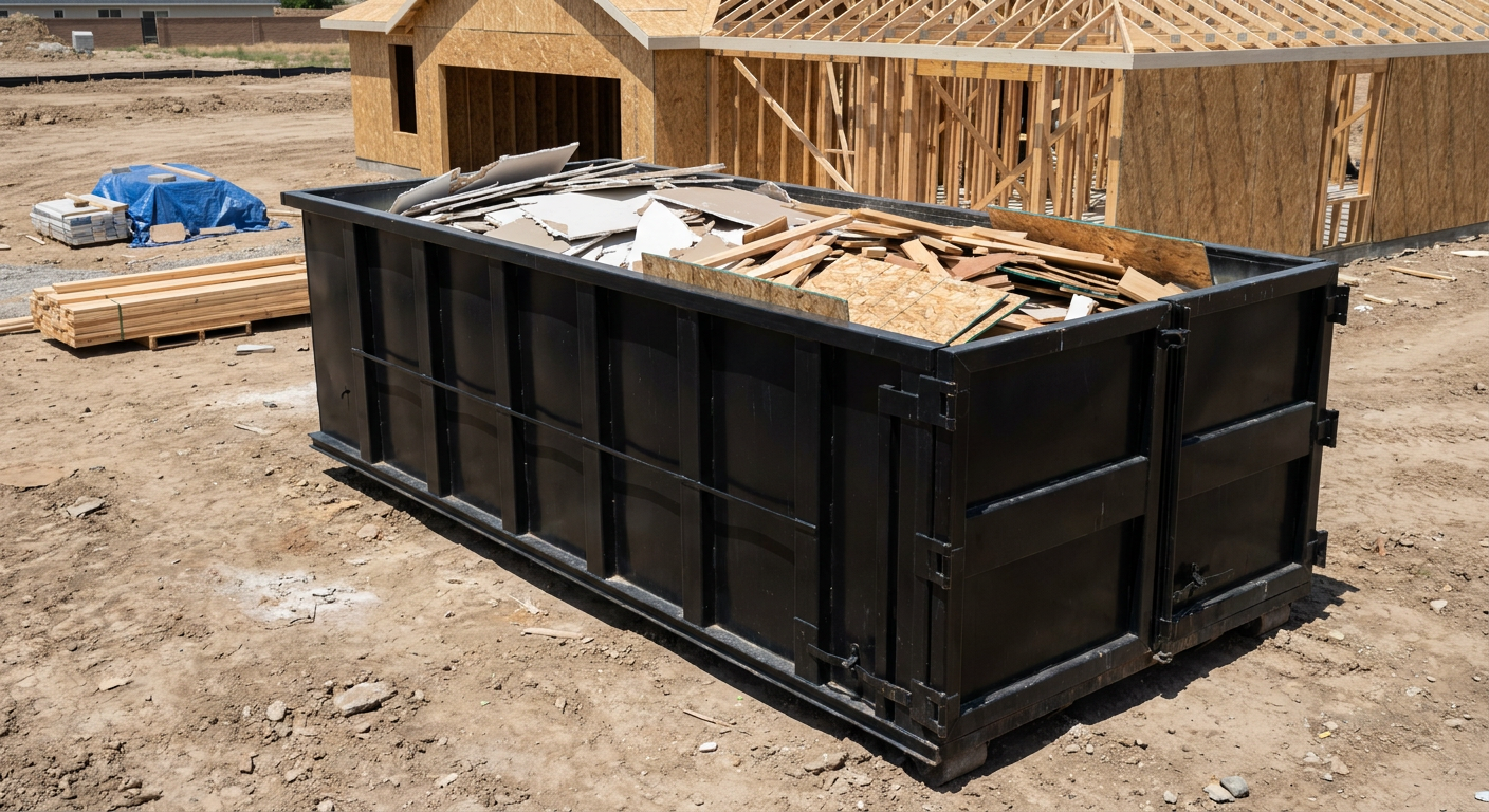 Matte-black 30-yard roll-off construction dumpster sitting directly on the compacted-dirt site of a framed single-family home build in Apple Valley, drywall and lumber scrap loaded inside.