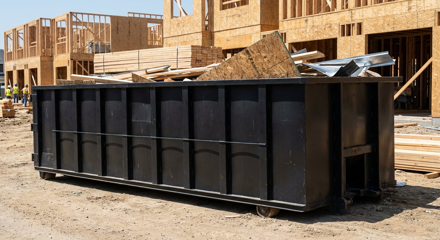 Matte-black 40-yard roll-off construction dumpster being lowered from a white-cab hooklift delivery truck onto the compacted-dirt jobsite at a commercial build site in Apple Valley