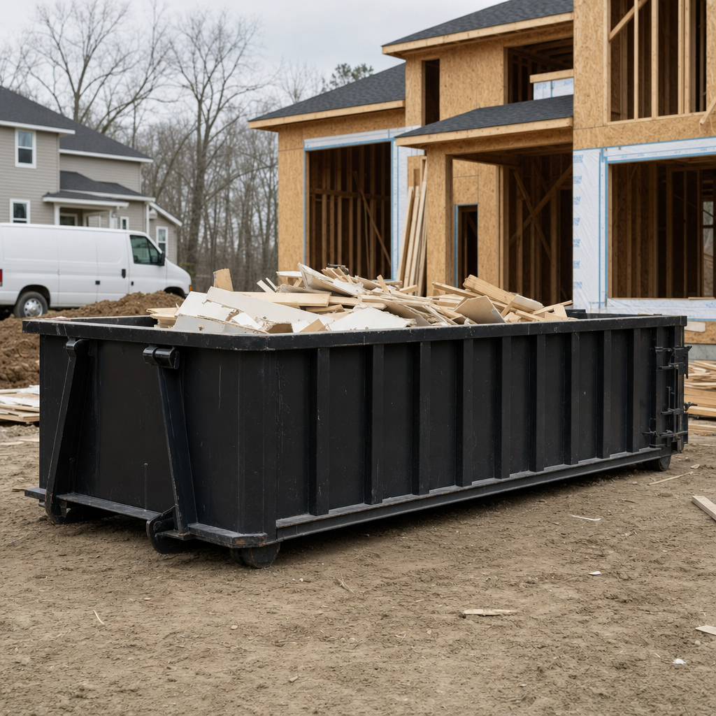Worker in a yellow high-visibility vest tossing framing lumber and broken drywall into a matte-black 30-yard construction roll-off dumpster on an active build site in Apple Valley, bright daylight