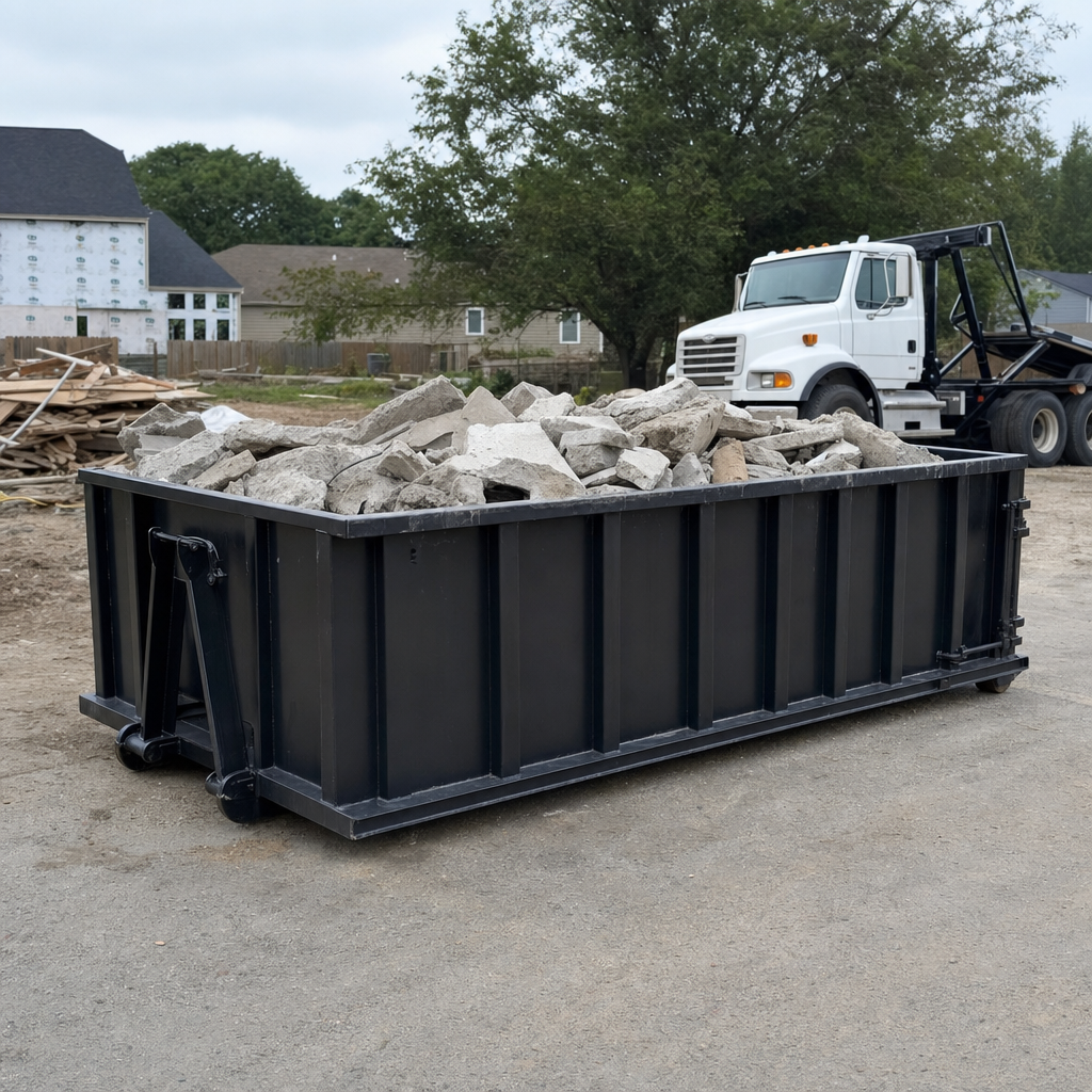 Low-profile matte-black lowboy roll-off dumpster loaded with broken concrete slab and rebar at a foundation tear-out in Apple Valley, skid steer parked beside it, sunny Colorado morning