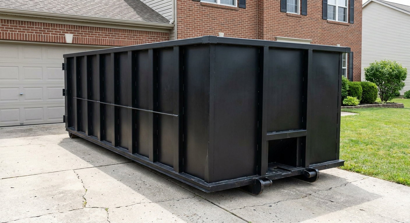 Matte-black 20-yard roll-off container on a Apple Valley residential concrete driveway with reinforced ribbed steel sidewalls and a hinged rear walk-in door, clean bright daylight.