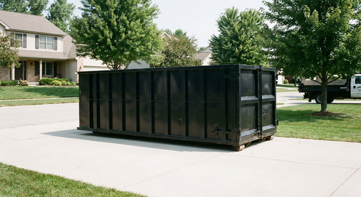 Matte-black 20-yard roll-off dumpster sitting level on a clean Apple Valley residential concrete driveway under bright daylight, demonstrating clean placement directly on the concrete.
