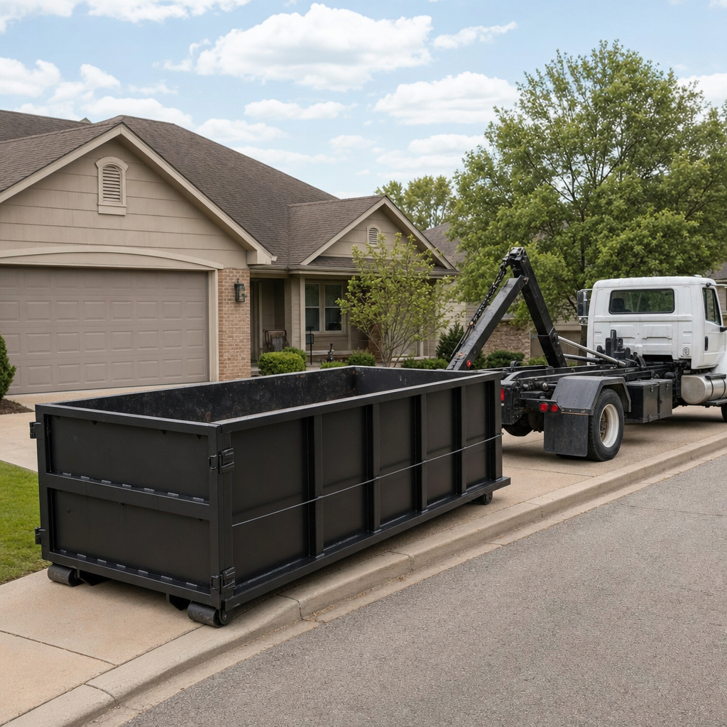 Wide documentary shot of a matte-black roll-off dumpster on a Apple Valley residential driveway in the foreground and a contractor jobsite container in the soft-focus background, bright daylight, calm and orderly composition.
