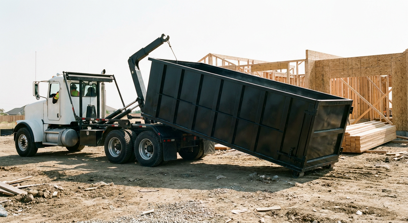 Matte-black roll-off dumpster being delivered onto a clean residential concrete driveway in Apple Valley by an unmarked white hooklift hauler truck, bright morning daylight, documentary 35mm perspective.
