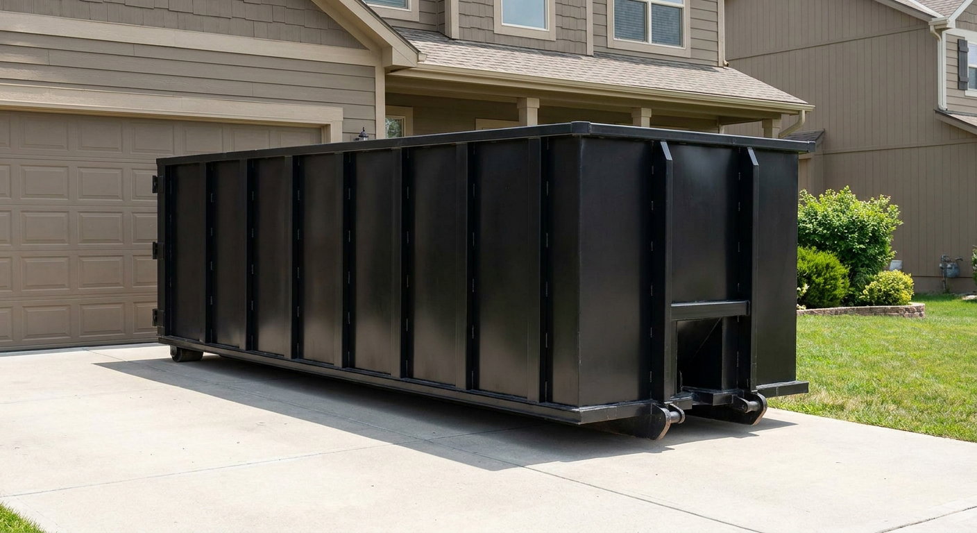 Matte-black residential roll-off dumpster sitting directly on a suburban Apple Valley concrete driveway, garage door closed, single-family home in background, bright morning daylight.