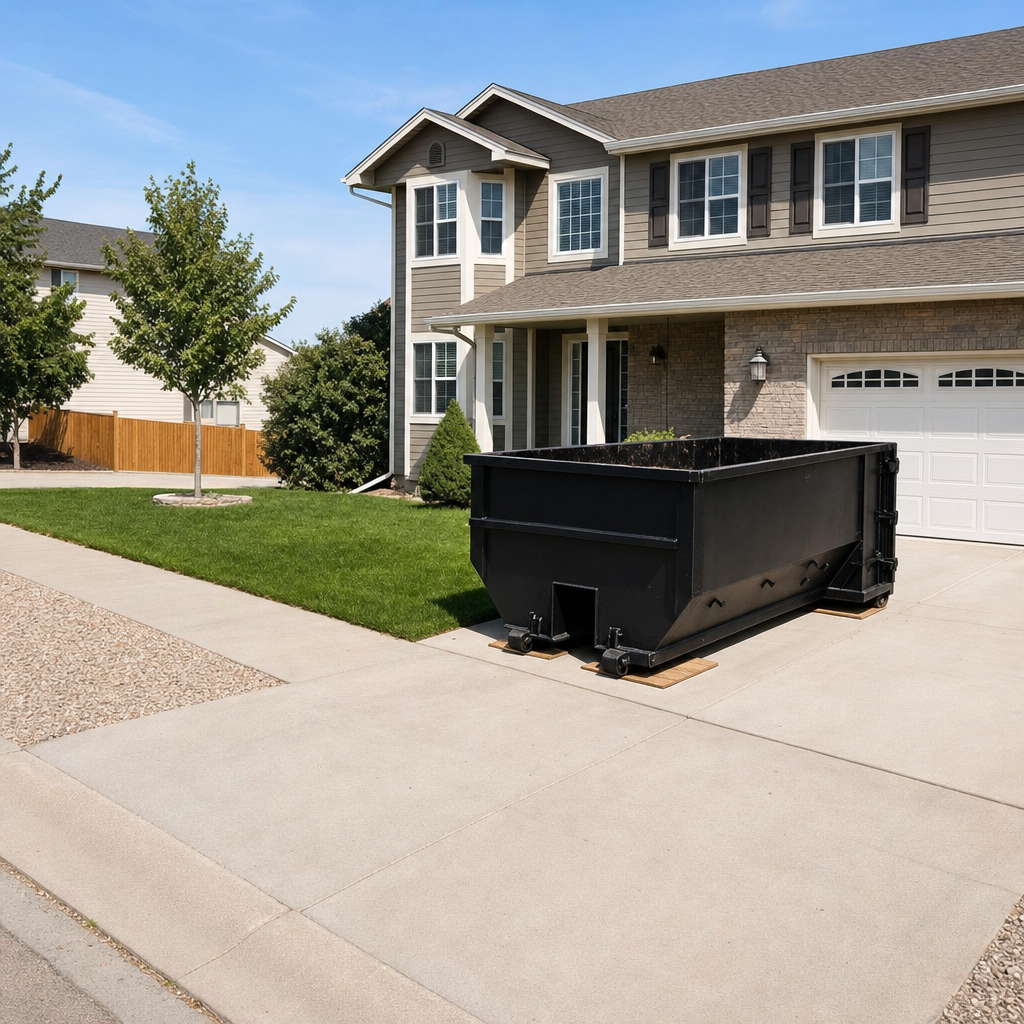 10-yard matte-black residential dumpster placed directly on a narrow Apple Valley concrete driveway, room remains for a parked sedan beside it, mid-morning natural light