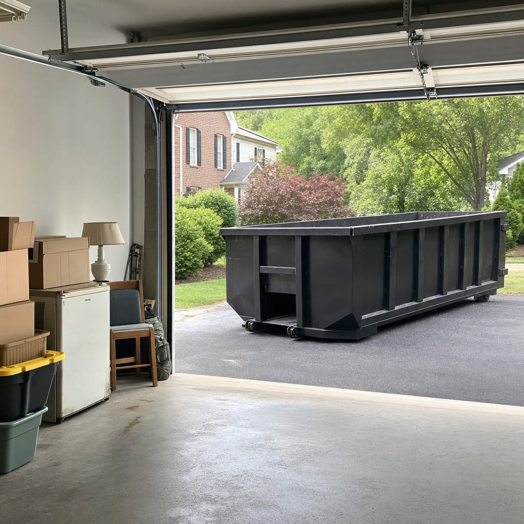Open garage interior in a Apple Valley home mid-cleanout — boxed items, an old appliance, and stacked yard tools queued near the driveway for a matte-black roll-off dumpster, organized and calm