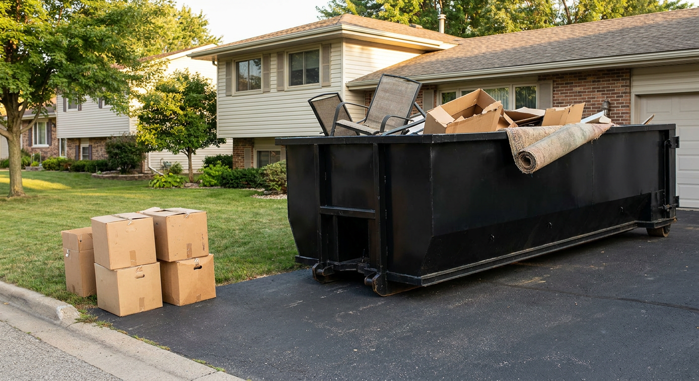 Front-yard view of a Apple Valley split-level home with a 20-yard matte-black roll-off dumpster sitting directly on the asphalt driveway, a few clearly labeled donation boxes staged at the curb, calm sunny afternoon.