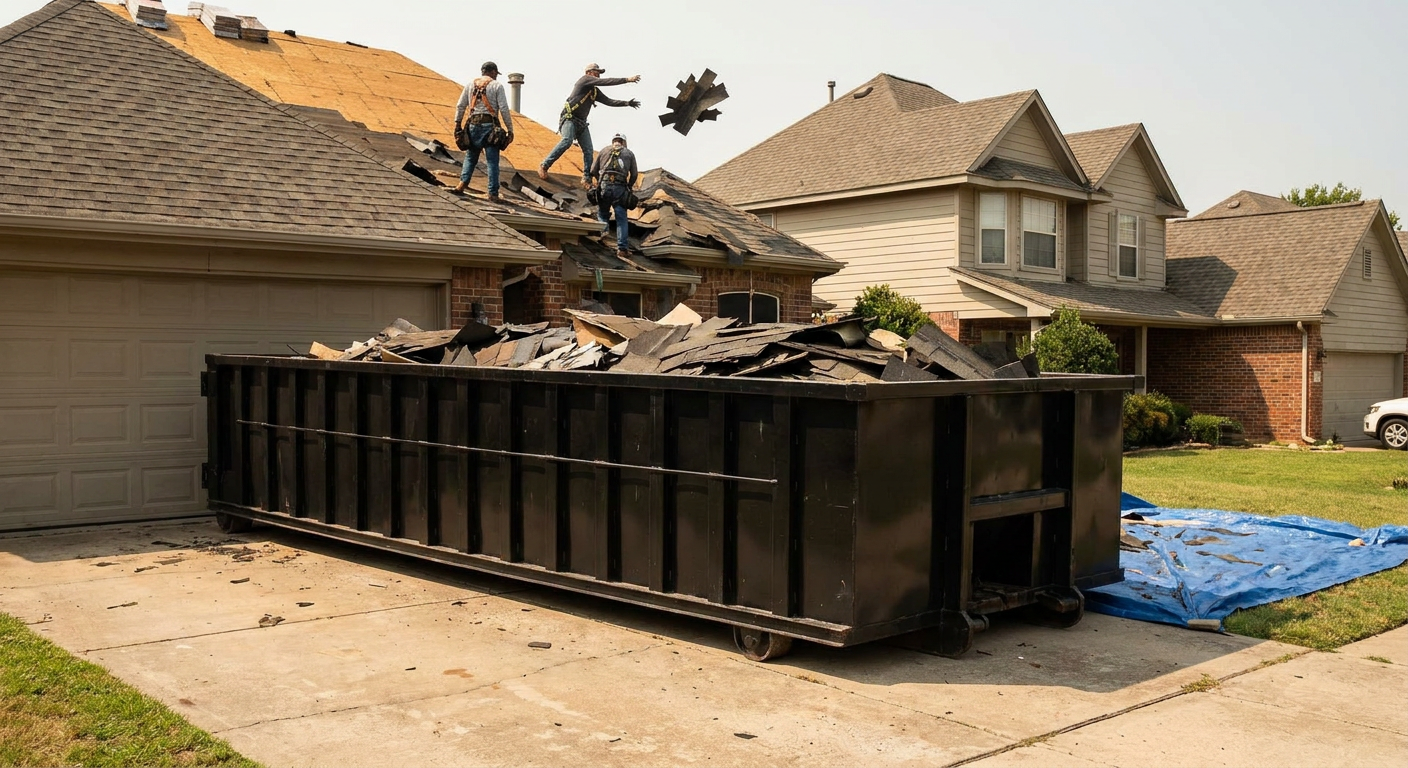 Matte-black roofing roll-off dumpster placed directly on a Apple Valley residential concrete driveway, a tear-off crew on a two-story asphalt-shingle roof tossing shingle bundles into the low-walled container, bright daylight, documentary 35mm perspective.