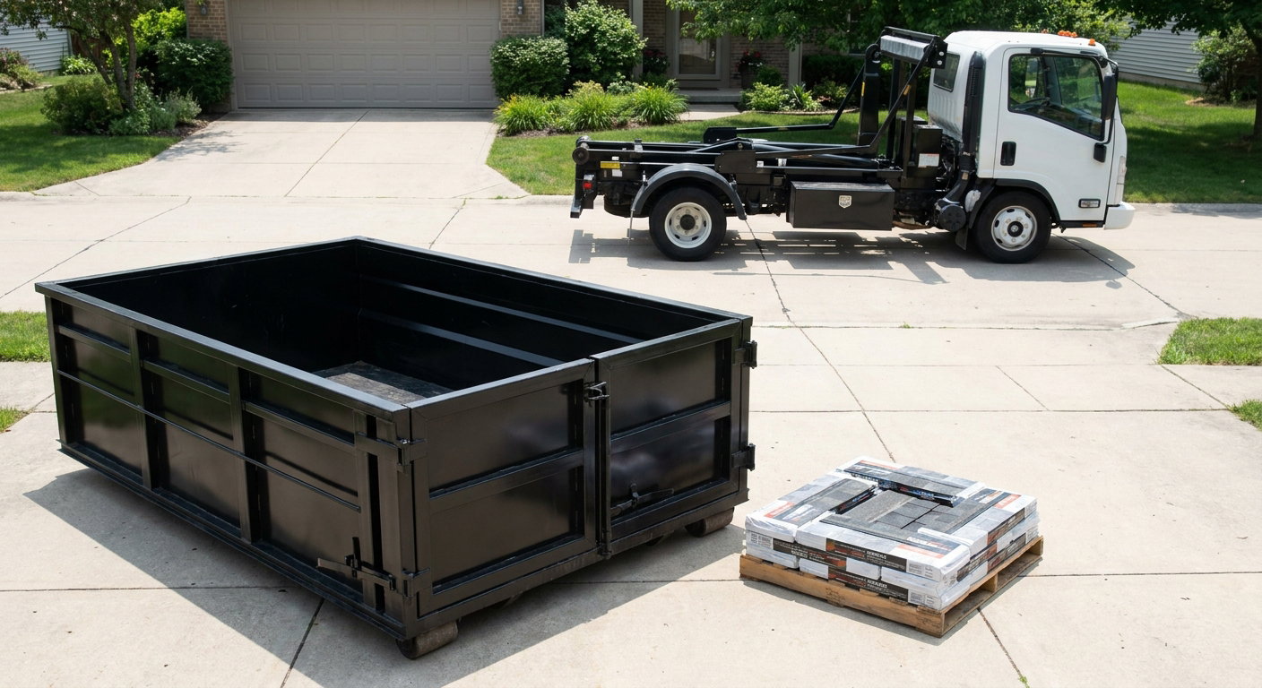Matte-black 15-yard roofing roll-off dumpster with reinforced low side walls sitting directly on a Apple Valley residential concrete driveway, three-tab asphalt shingle bundles stacked nearby, an unmarked white hauler truck partially visible at the edge of the frame.