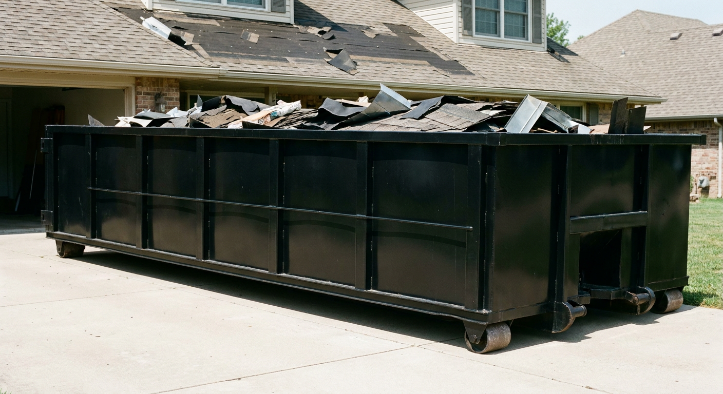 Matte-black 20-yard roofing roll-off dumpster with steel ribbed sides and swinging rear door, sitting directly on the concrete driveway of a two-story Apple Valley home, asphalt shingle debris being loaded over the low wall, clean documentary lighting.