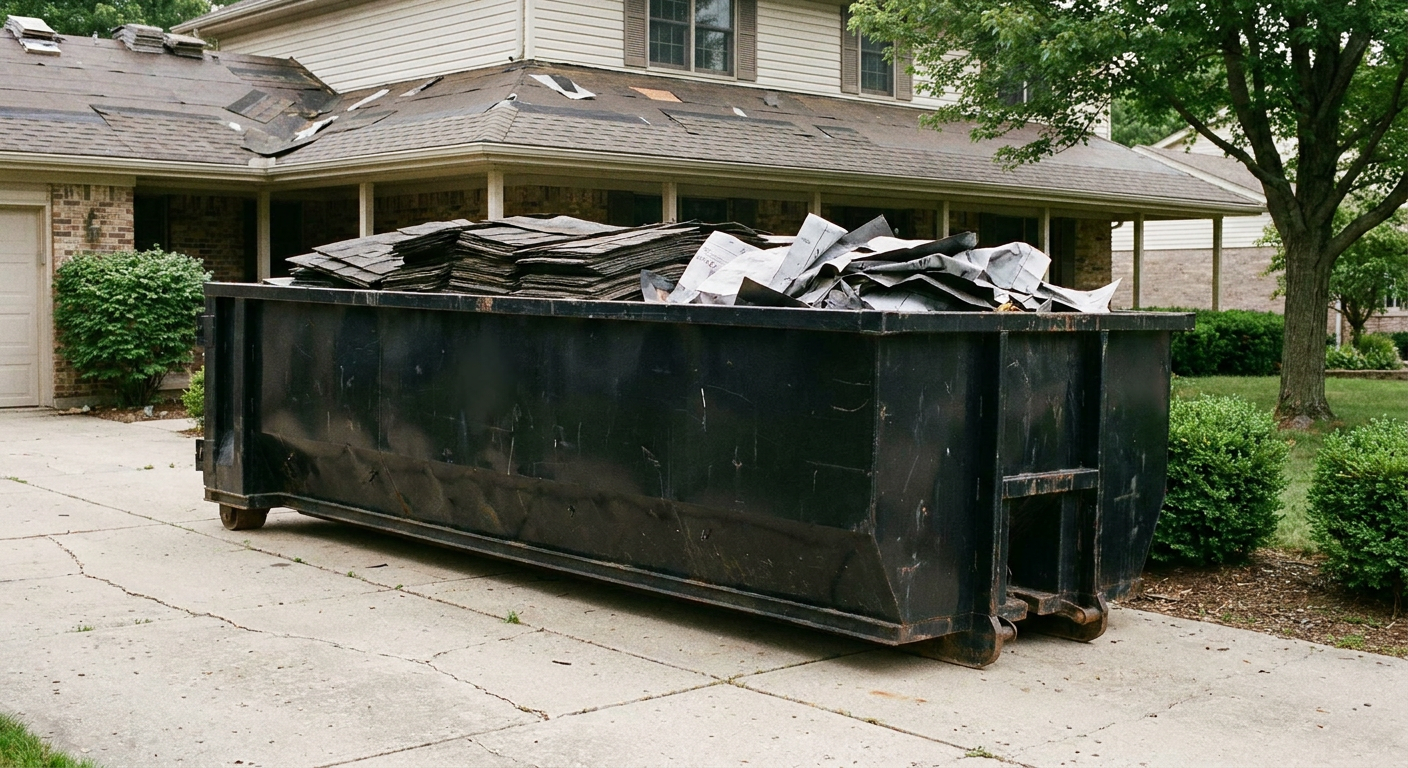 Matte-black 30-yard roofing roll-off dumpster sitting directly on a Apple Valley concrete driveway, taller ribbed steel side panels, mixed tear-off debris of asphalt shingles and underlayment inside, professional documentary daylight.
