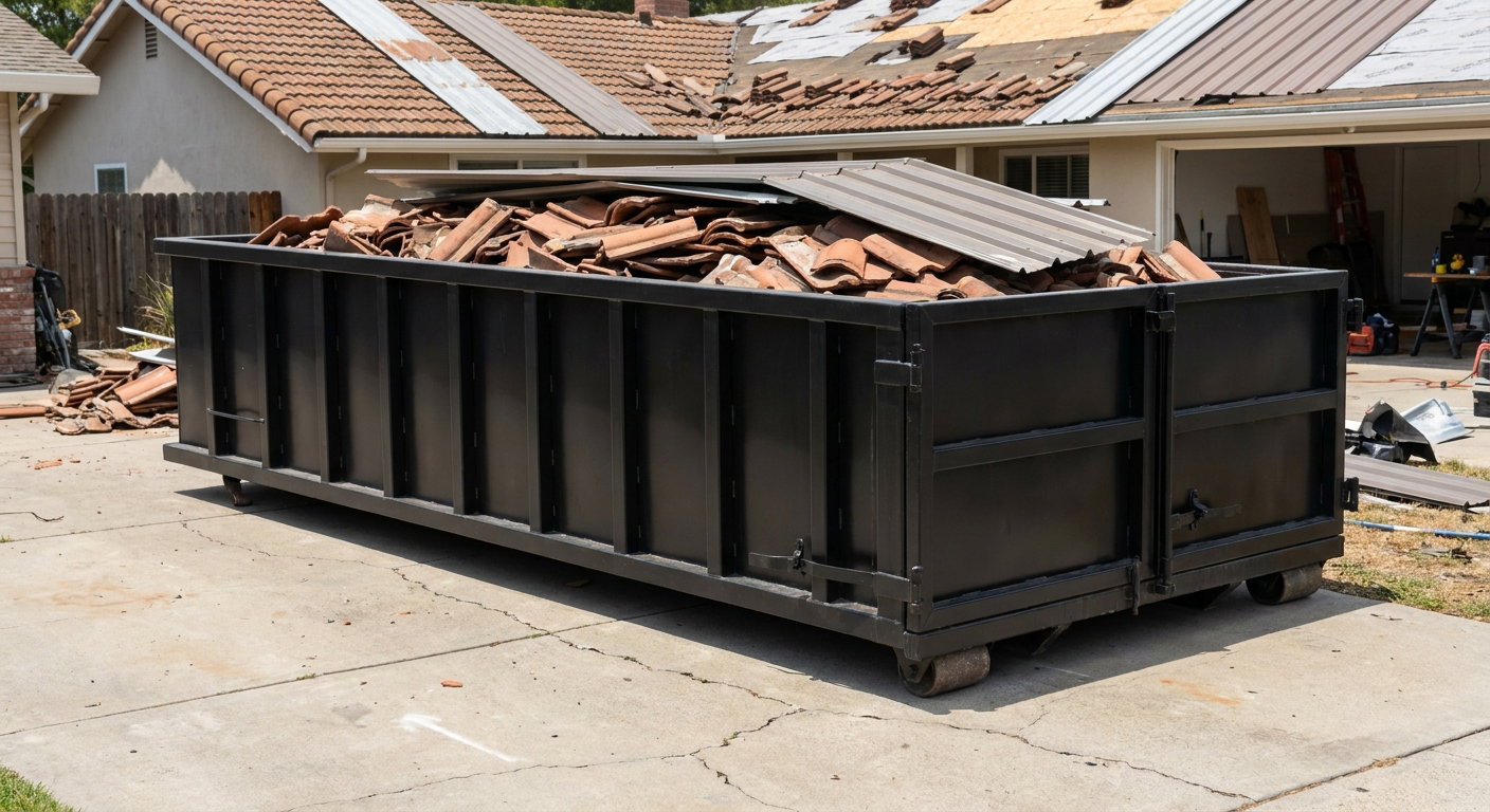 Matte-black low-wall heavy-debris roofing roll-off dumpster sitting directly on a Apple Valley concrete driveway, broken concrete clay roof tiles and metal panel sections loaded inside, reinforced ribbed steel side walls visible, bright outdoor daylight.
