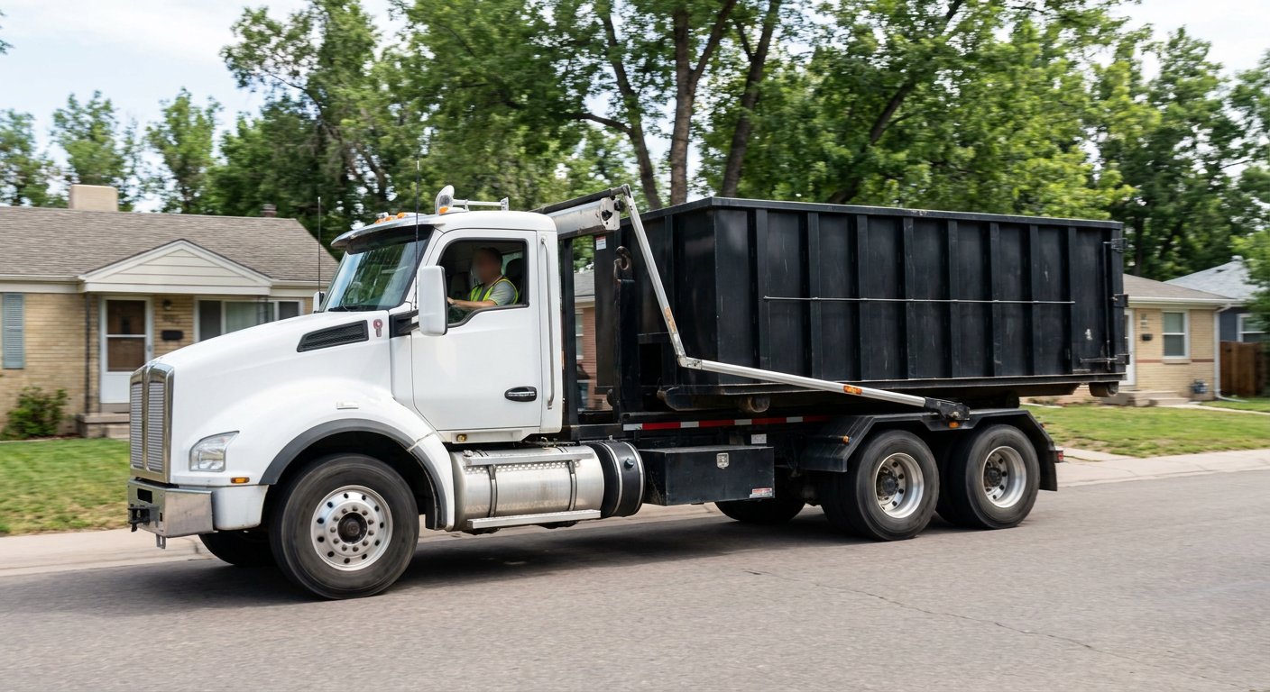 A wide documentary shot of a matte-black roll-off delivery truck pulling onto a quiet Apple Valley residential street at mid-morning, with neighborhood rooftops and tree-lined blocks visible behind, showing the metro coverage footprint.