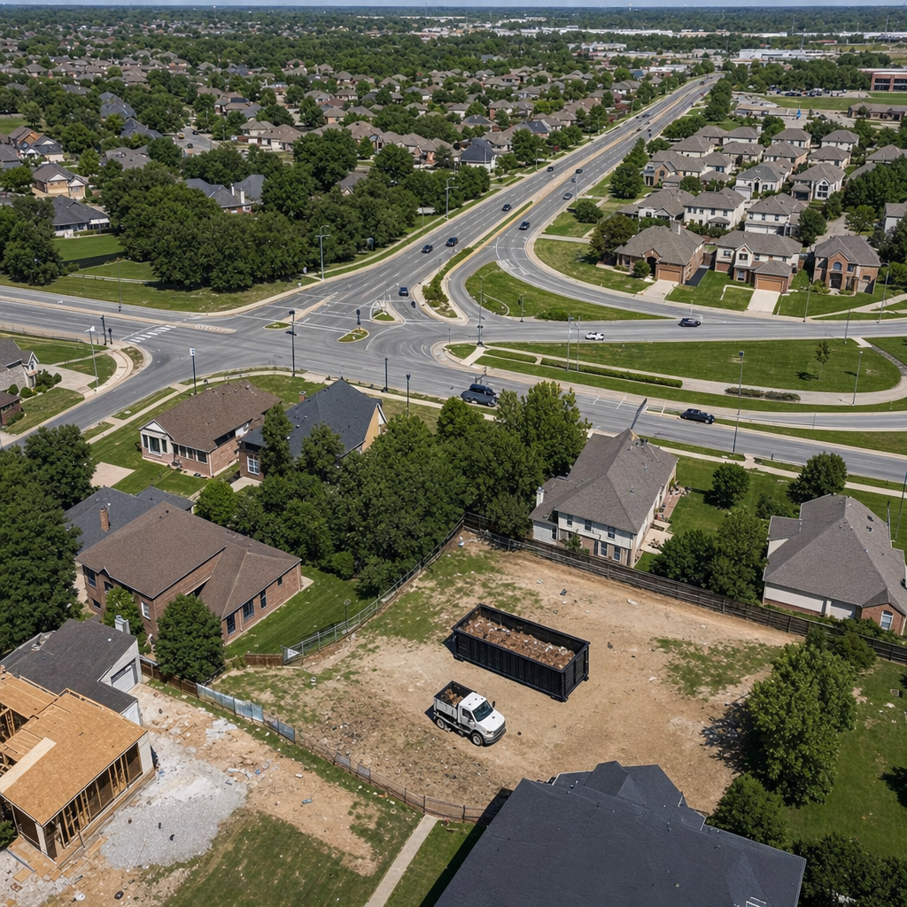 An overhead documentary view of the Apple Valley metro area at midday, showing the spread of neighborhoods, arterial roads, and the dispatch radius from a central yard — clean daylight, organized geographic layout.