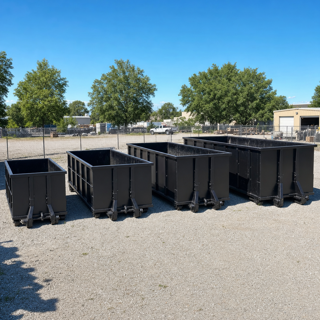 A clean lineup of matte-black roll-off dumpsters in 10, 20, 30, and 40-yard sizes staged on a sunlit gravel yard in Apple Valley, showing the size progression from compact to commercial-scale containers.