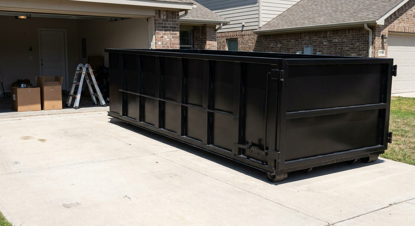 A matte-black 10-yard roll-off dumpster sitting directly on a residential Apple Valley concrete driveway, mid-day sunlight, clean and ready for a garage cleanout.
