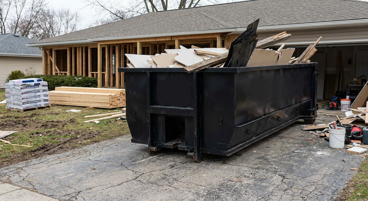 A matte-black 20-yard roll-off dumpster placed alongside a mid-renovation Apple Valley home directly on the asphalt driveway, with framing materials and torn-off shingles staged neatly nearby.