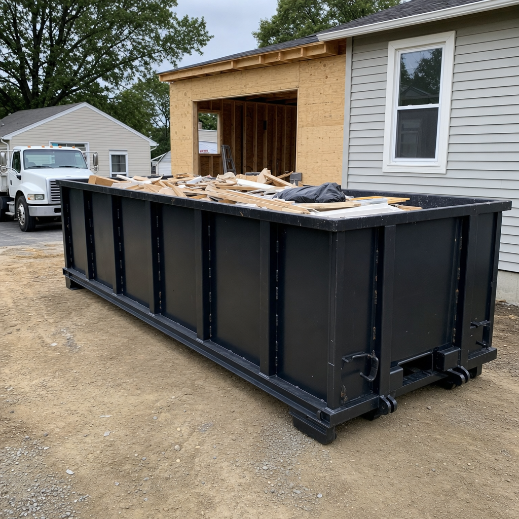 A matte-black 30-yard roll-off dumpster positioned at a Apple Valley residential addition jobsite, with framing lumber and drywall scraps loaded through the open swinging rear doors.