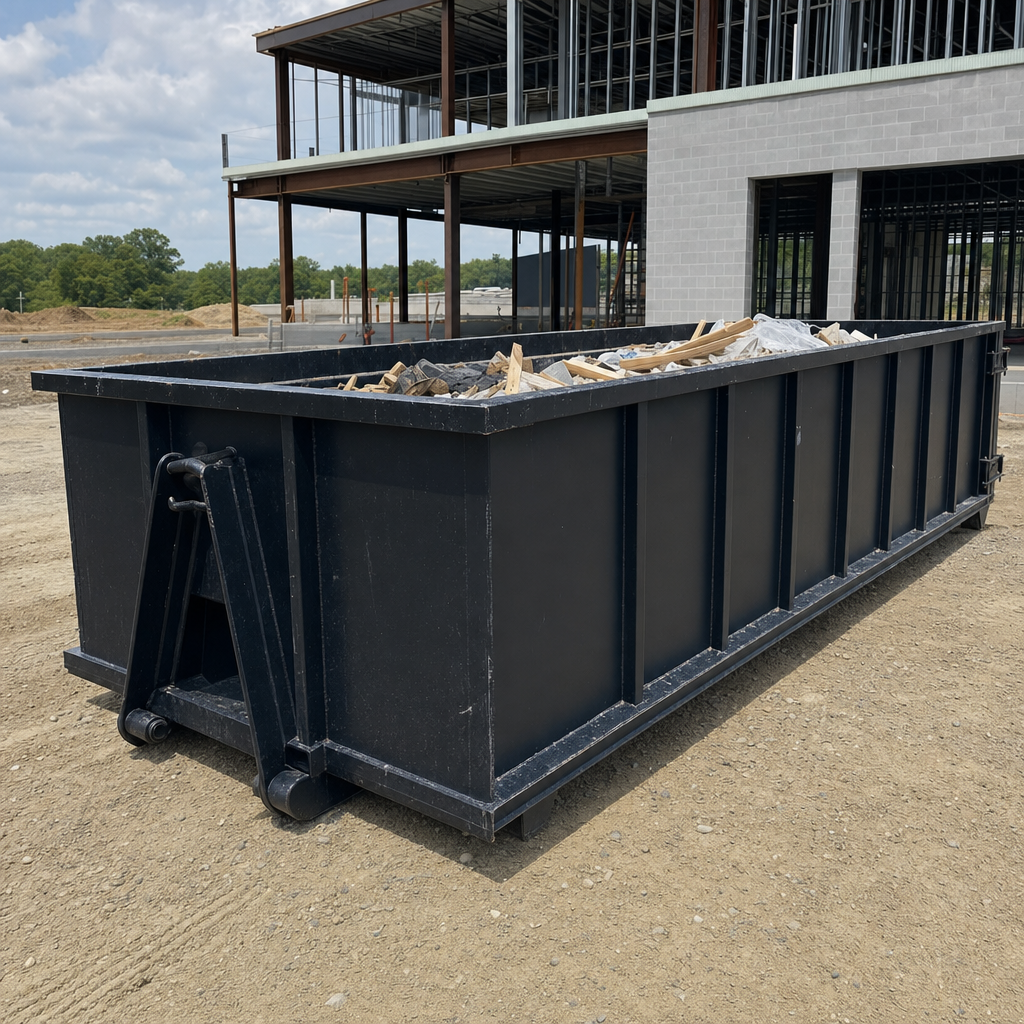 A matte-black 40-yard roll-off dumpster staged on a large Apple Valley commercial construction lot, with a hooklift delivery truck parked alongside under bright midday sky.