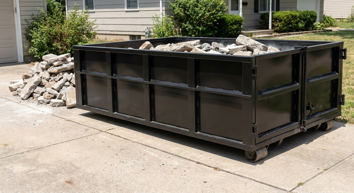 A matte-black low-side heavy-debris roll-off dumpster placed directly on a Apple Valley concrete driveway, with broken concrete chunks neatly stacked beside it under clean daylight.